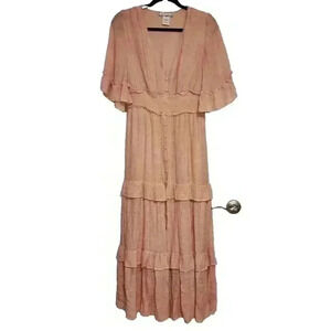 A. CALIN FLYING TOMATO SIZE L BOHO SOFT‎ PINK ROMANTIC SUMMER MAXI DRESS FALL